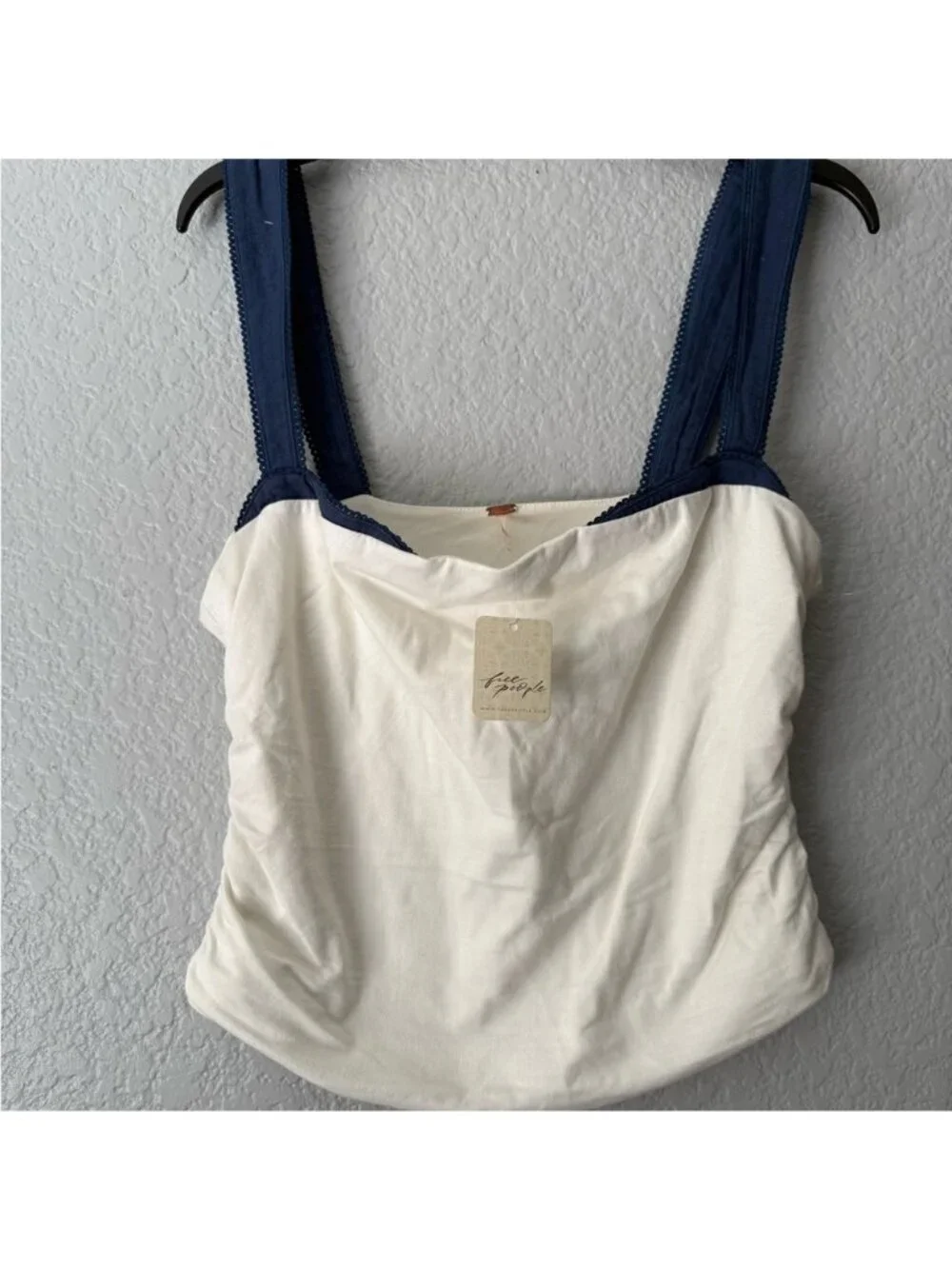 Free People Women's Colorblock Ruched Tank Top Ivory Blue Cotton XL